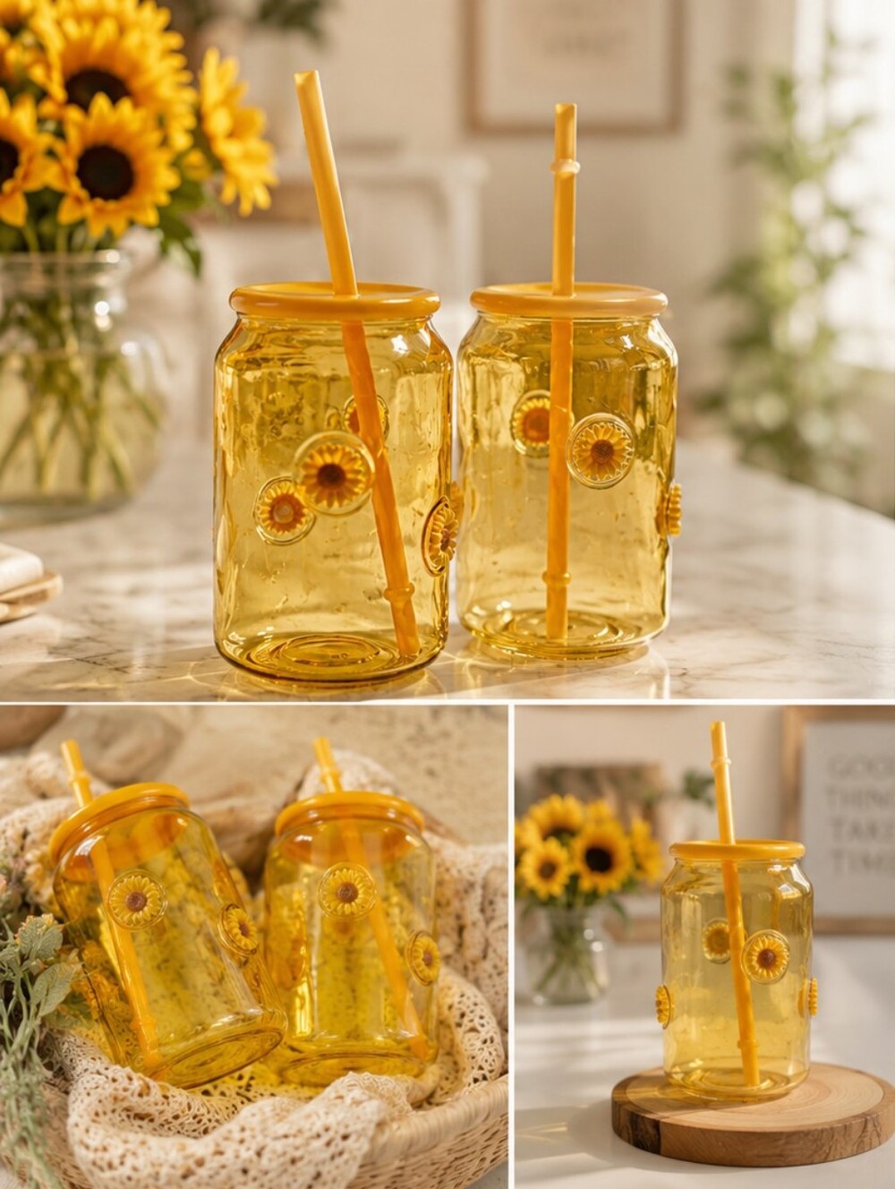 🌻 Sunflower Embossed Glass Tumbler Set – 2 Pack | Lids & Reusable Straws Incl.